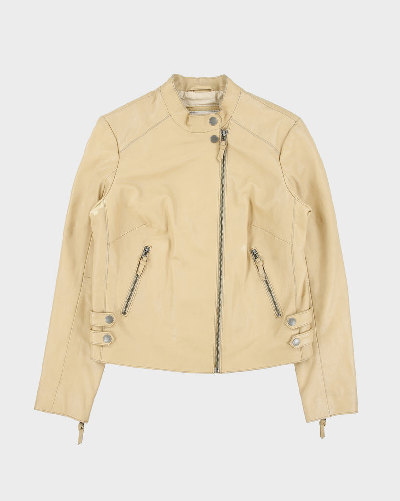 Vintage Y2K 00s Chevignon Femme Camel Tan Calfskin Cuir Cafe Racer Biker Jacket - L