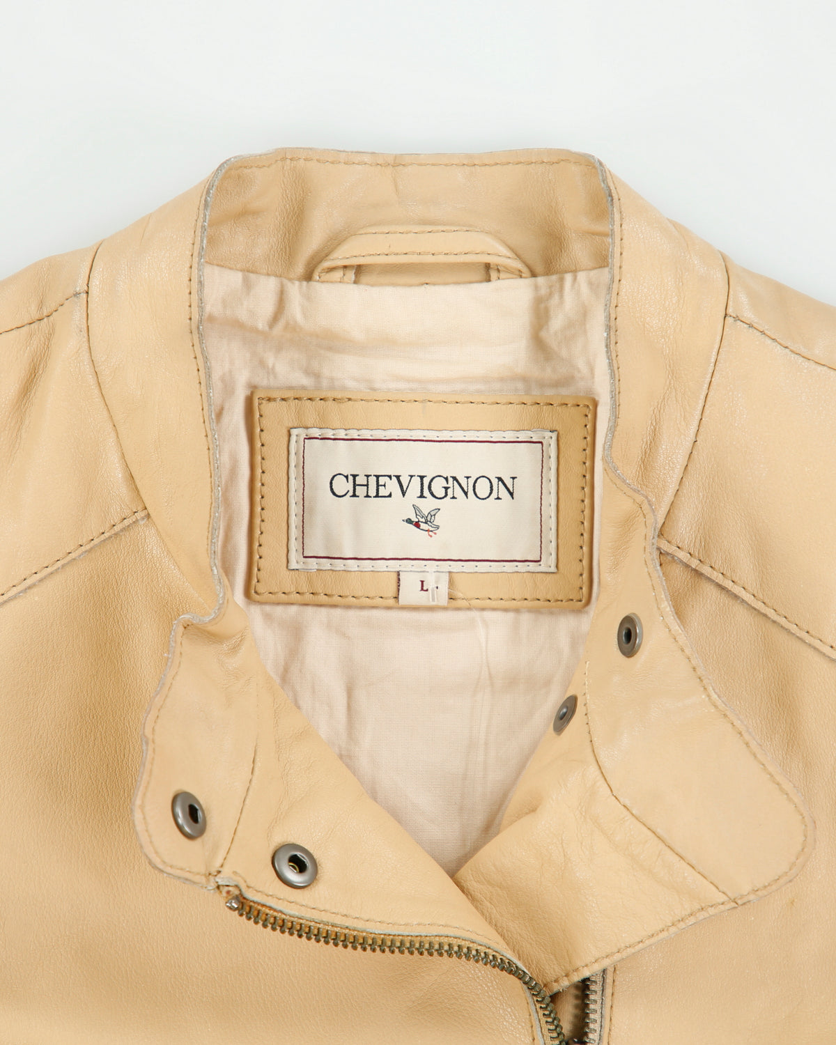 Vintage Y2K 00s Chevignon Women's Camel Tan Calfskin Leather Cafe Racer Biker Jacket - L