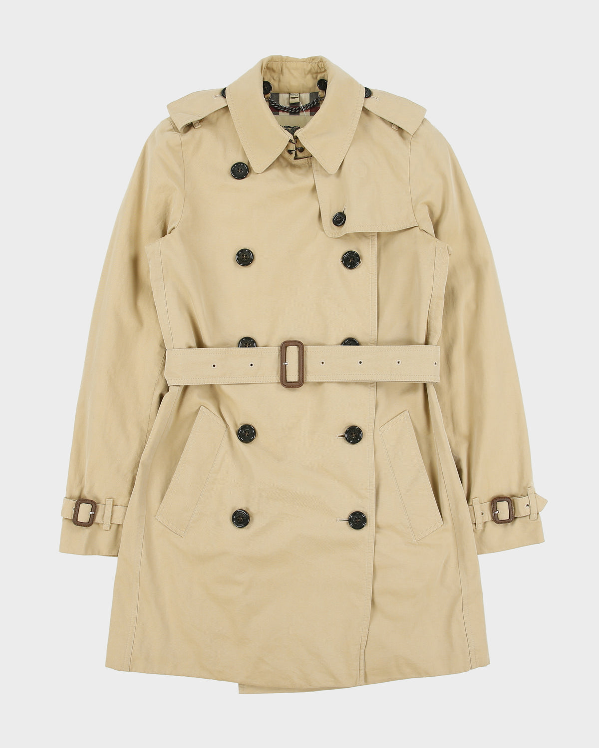 Vintage Y2K 00s Burberry Women's Chelsea Heritage Nova Check Lined Made In England Canvas Mid-Length Double Breasted Trench Coat - XS