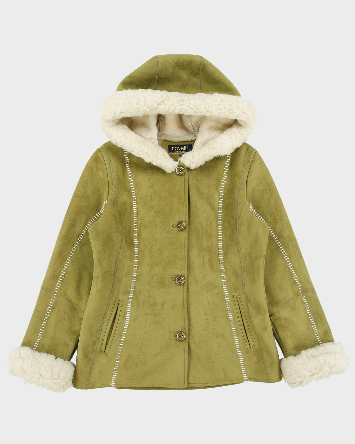 Vintage Y2K 00s Novelti Olive Green Women's Hooded Faux Sheepskin Shearling Jacket - M