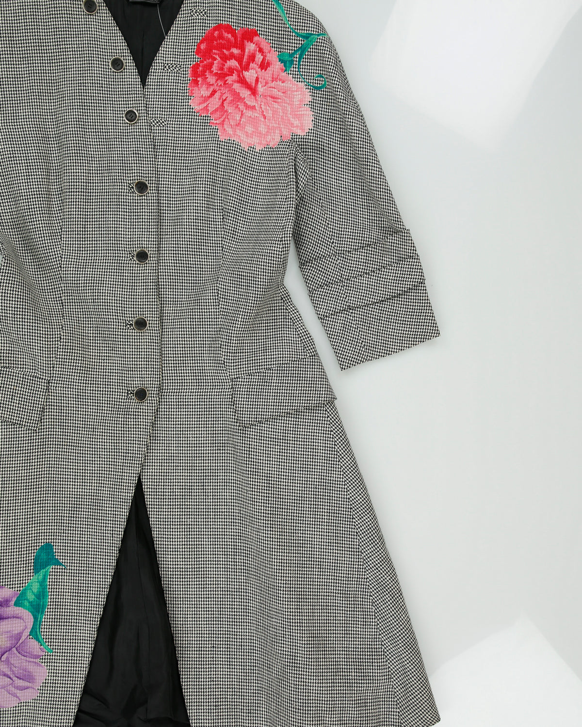 Vintage Fall 1998 Runway Gianni Versace Women's Floral Houndstooth Linen Single Breasted Evening Coat - M