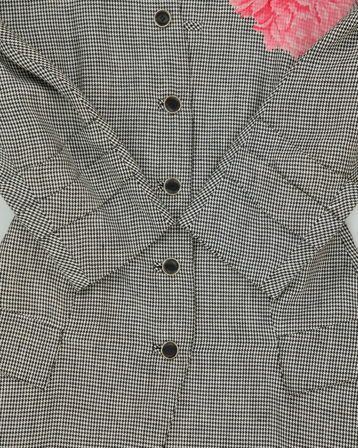 Vintage Fall 1998 Runway Gianni Versace Women's Floral Houndstooth Linen Single Breasted Evening Coat - M