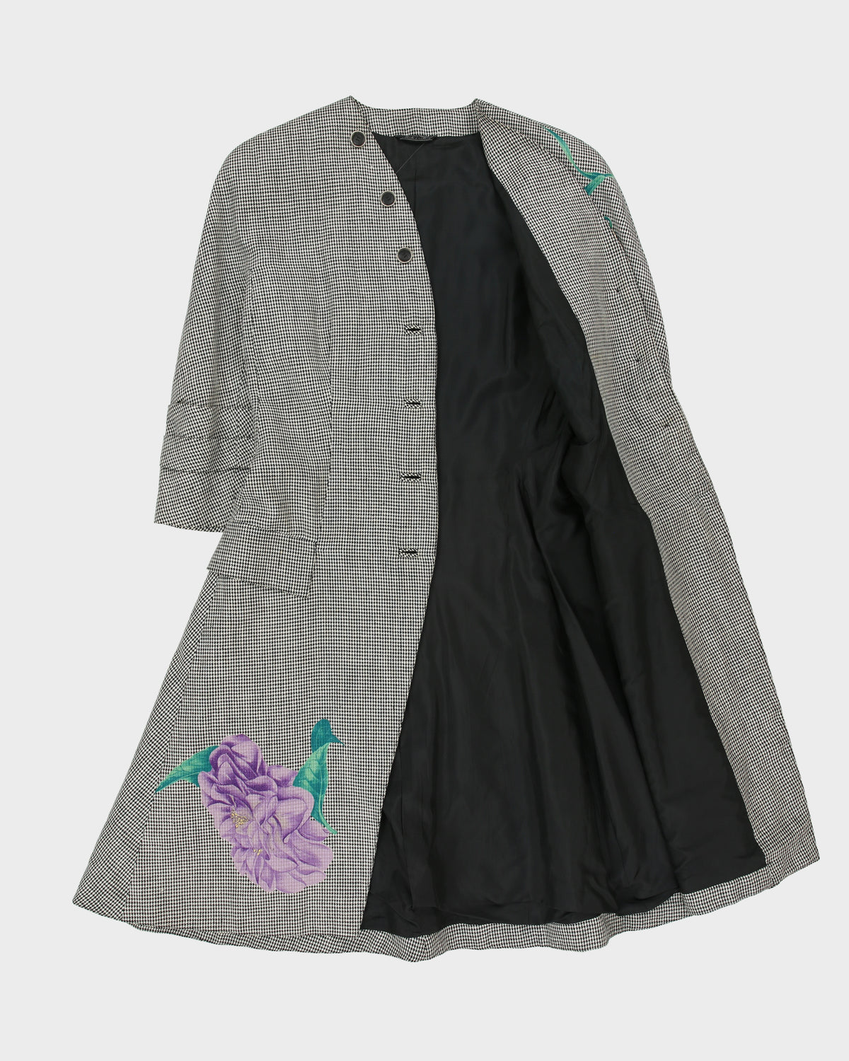 Vintage Fall 1998 Runway Gianni Versace Women's Floral Houndstooth Linen Single Breasted Evening Coat - M