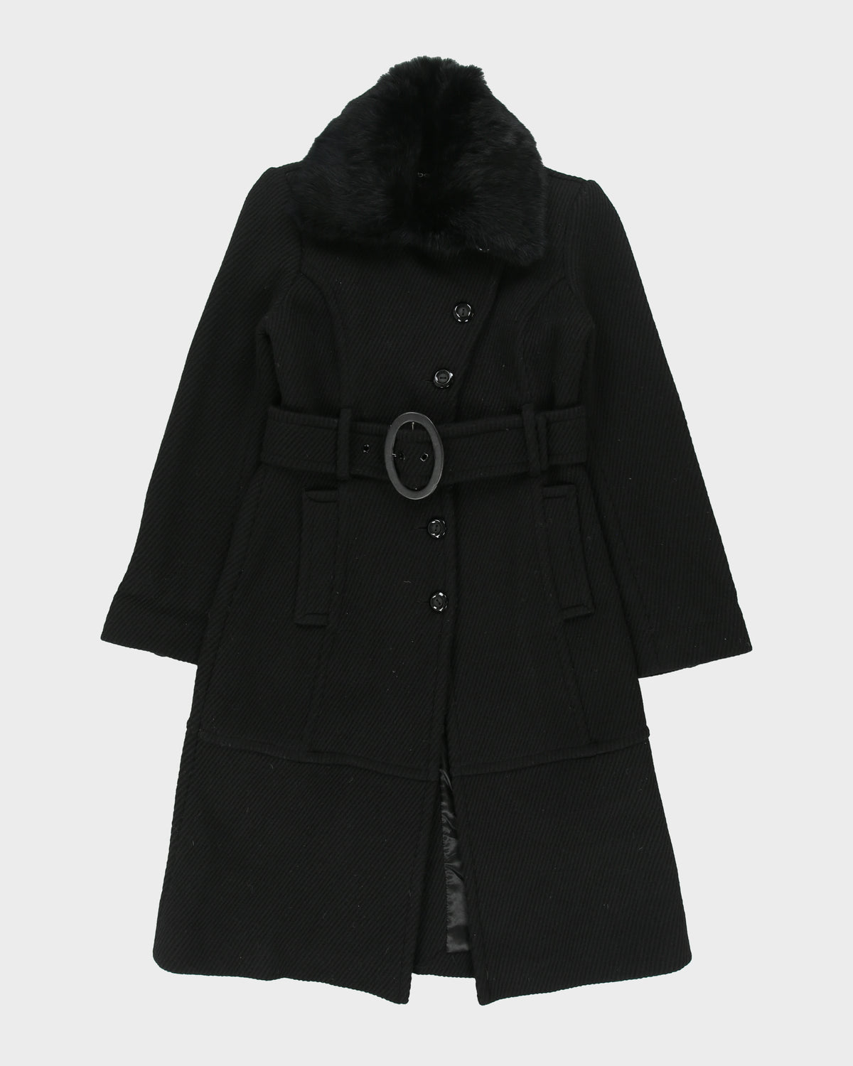 Vintage Y2K 00s Bebe Women's Rib Wool Angora Fur Belted Over Coat - S