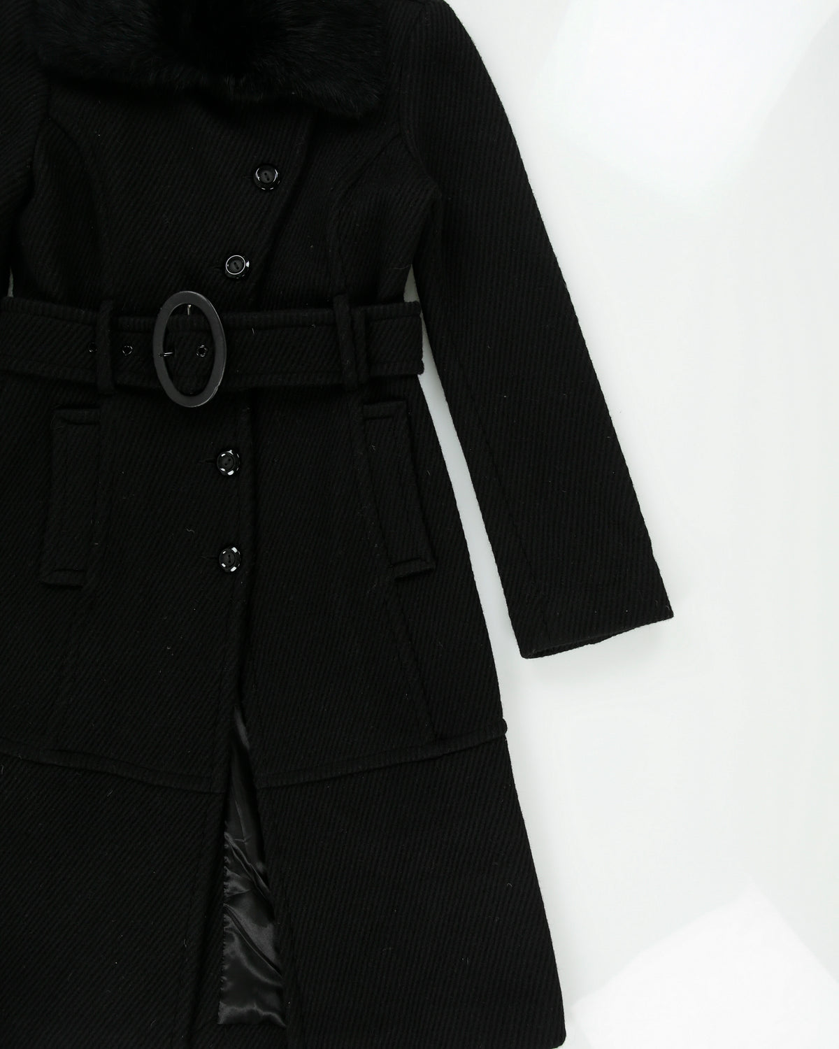 Vintage Y2K 00s Bebe Women's Rib Wool Angora Fur Belted Over Coat - S