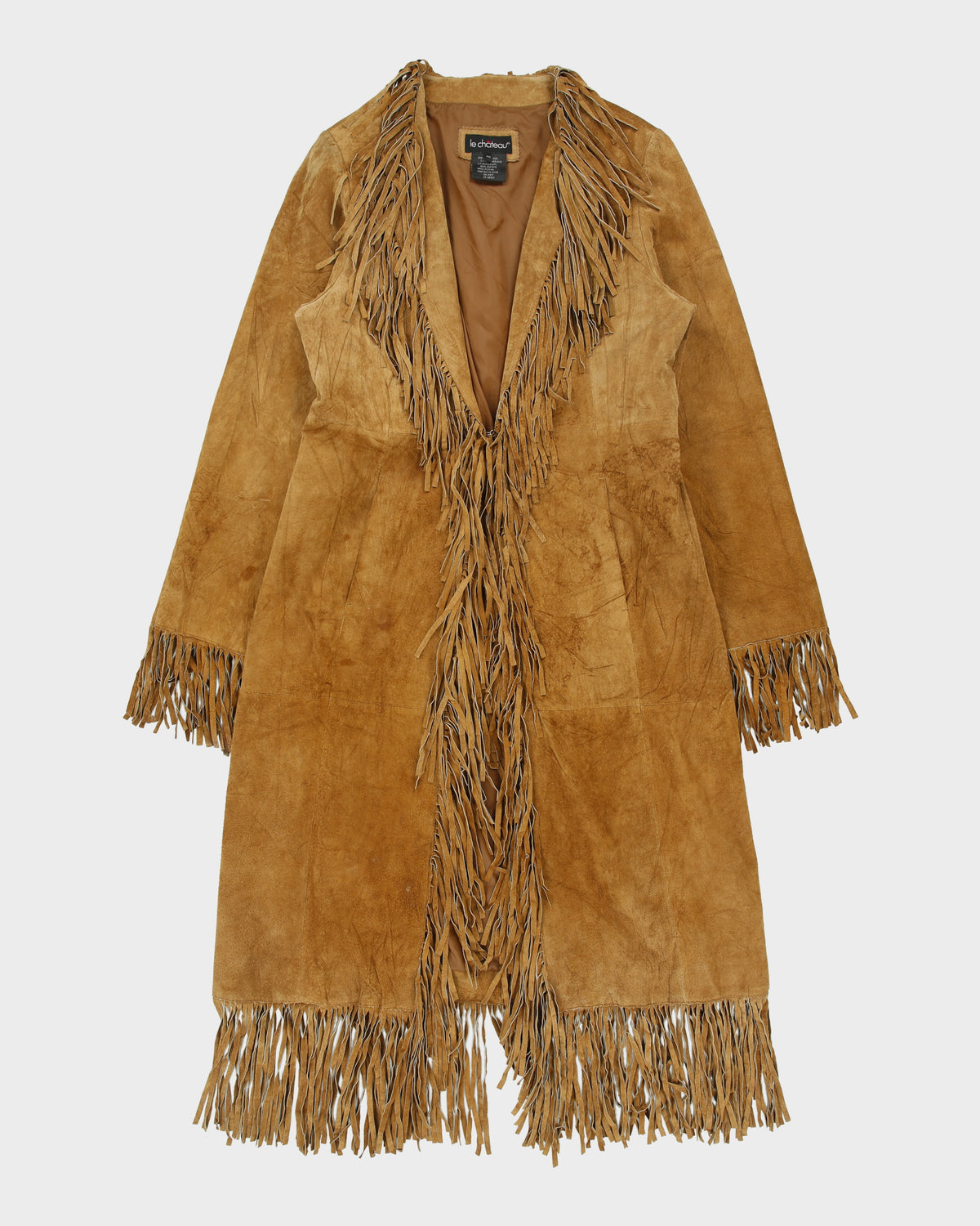 Vintage Y2K 00s Le Chateau Women's Tan Leather Western Fringe Cowboy Coat - M