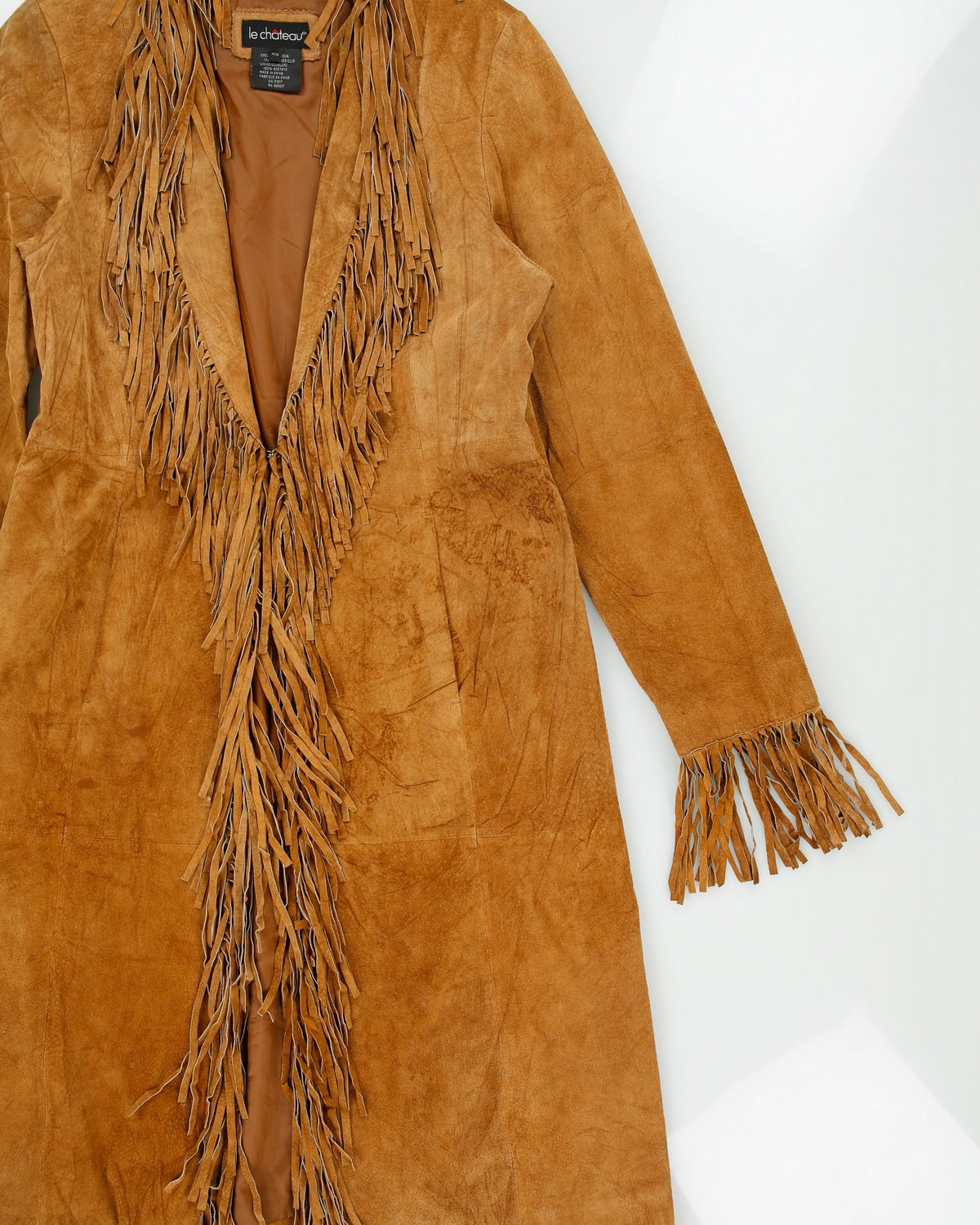Vintage Y2K 00s Le Chateau Women's Tan Leather Western Fringe Cowboy Coat - M