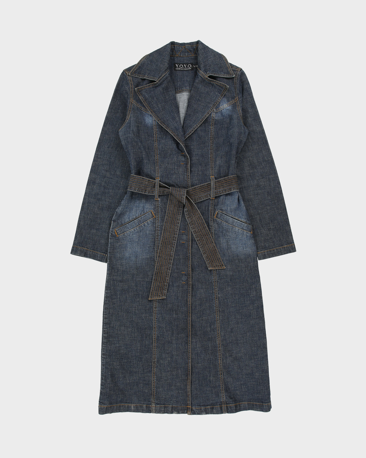 Vintage Y2K 00s Y.O.Y.O Women's Indigo Denim Belted Trench Coat - M