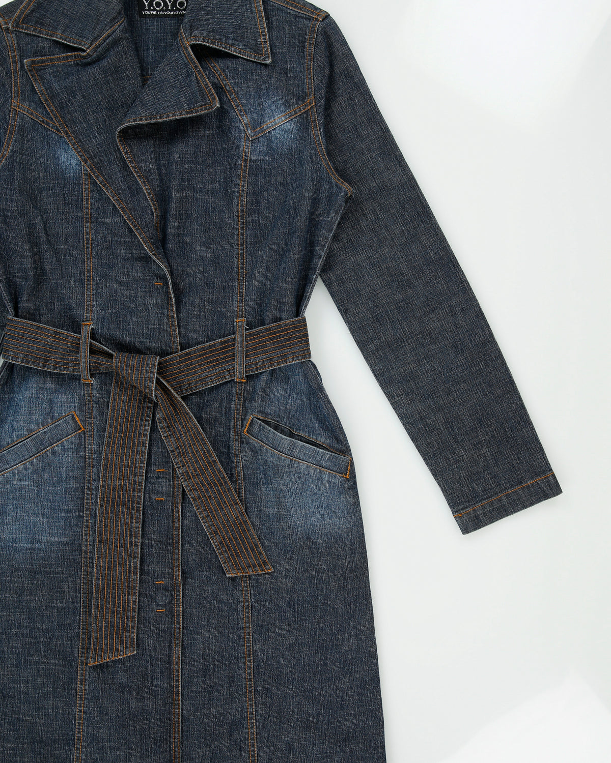 Vintage Y2K 00s Y.O.Y.O Women's Indigo Denim Belted Trench Coat - M