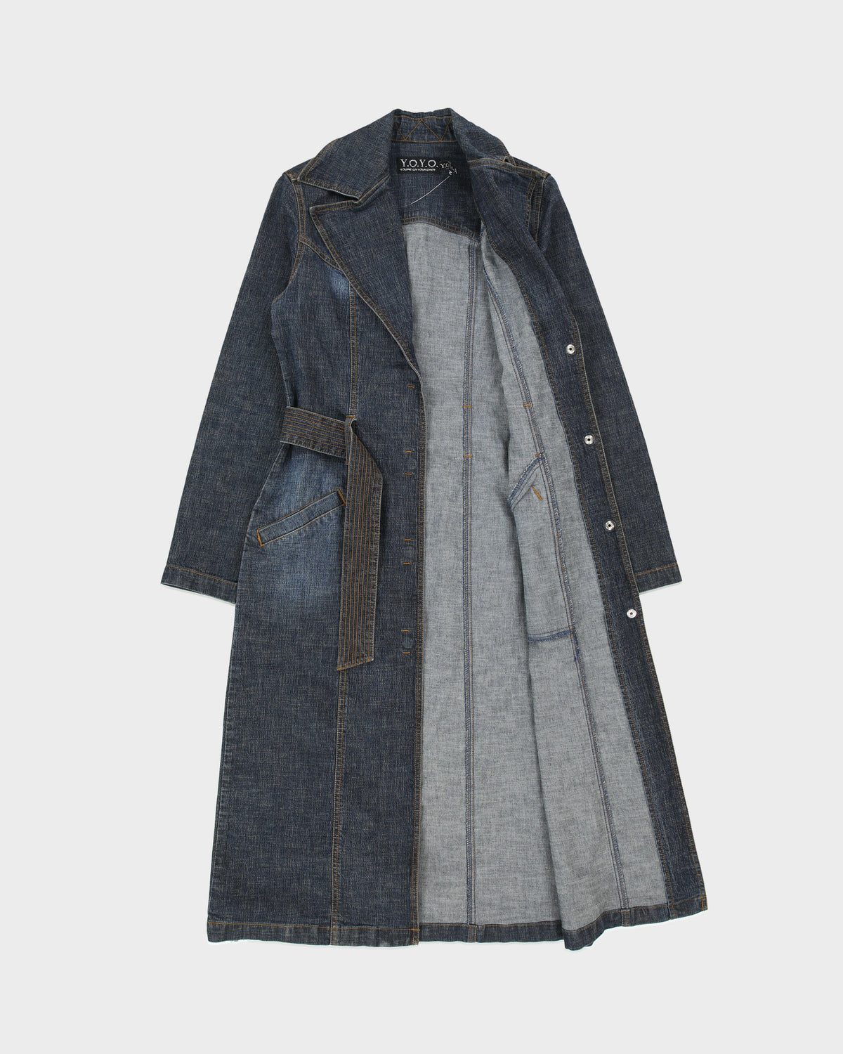 Vintage Y2K 00s Y.O.Y.O Women's Indigo Denim Belted Trench Coat - M