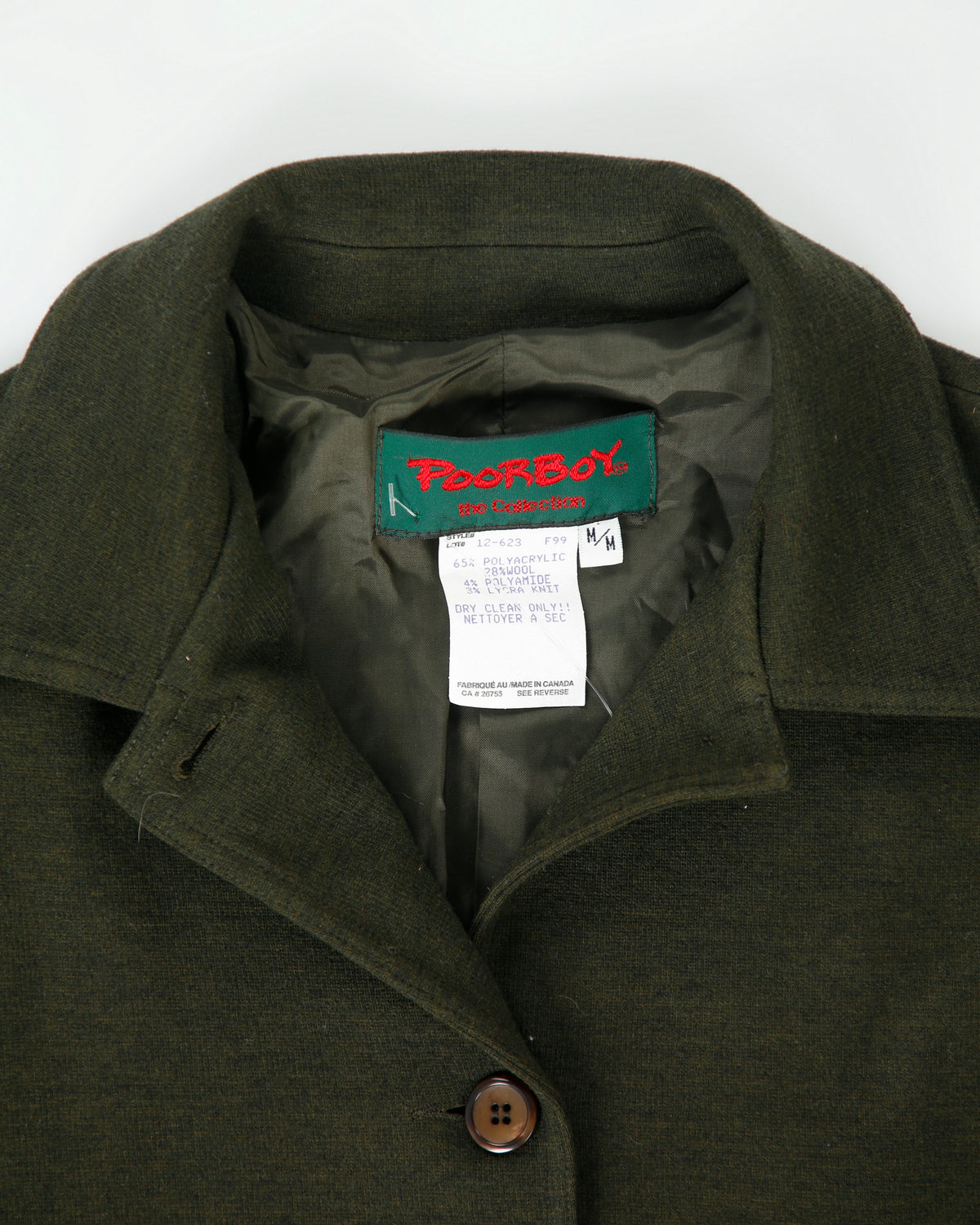 Vintage Fall 1999 Poor Boy Dark Green Women's Wool Blend Made In Canada Mid Length Overcoat - M