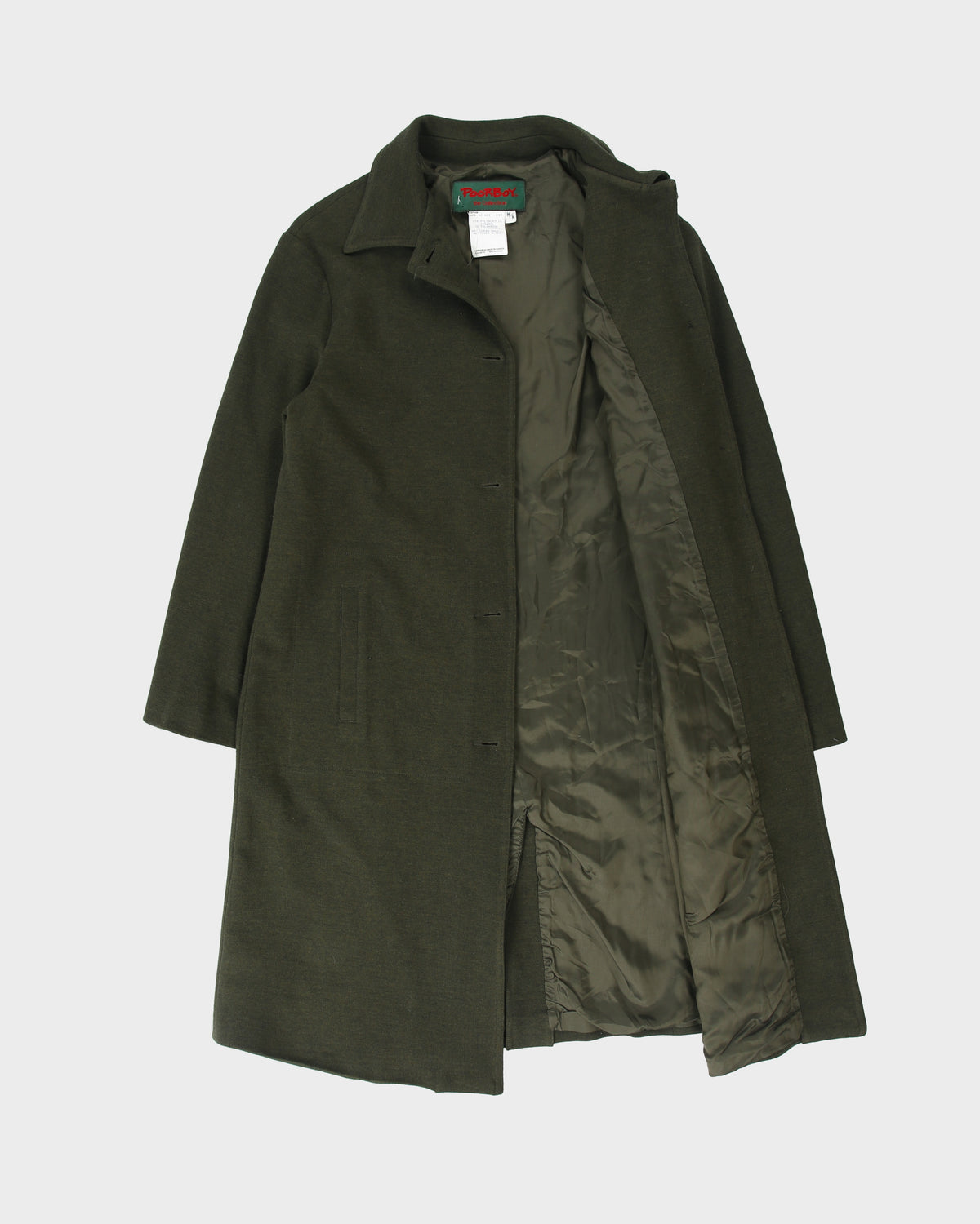 Vintage Fall 1999 Poor Boy Dark Green Women's Wool Blend Made In Canada Mid Length Overcoat - M