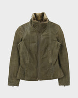 Vintage Y2K 00s Danier Women's Olive Suede Contrast Stitch Quilt Lined Faux Shearling Jacket - S