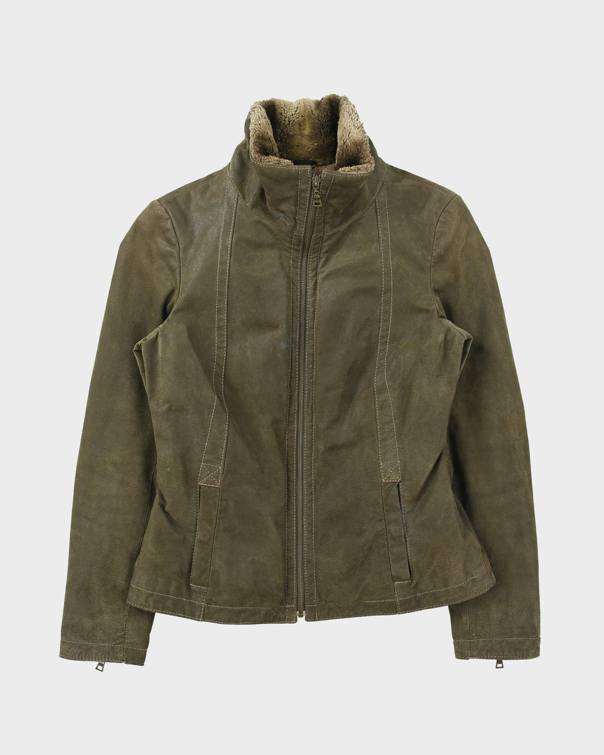 Vintage Y2K 00s Danier Women's Olive Suede Contrast Stitch Quilt Lined Faux Shearling Jacket - S