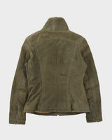 Vintage Y2K 00s Danier Women's Olive Suede Contrast Stitch Quilt Lined Faux Shearling Jacket - S