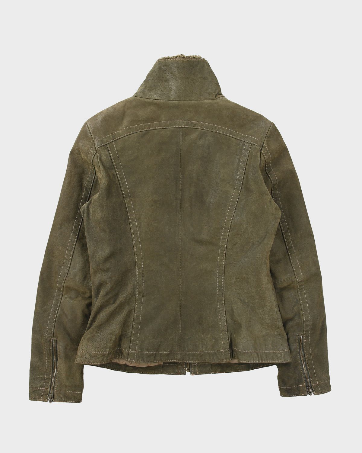 Vintage Y2K 00s Danier Women's Olive Suede Contrast Stitch Quilt Lined Faux Shearling Jacket - S