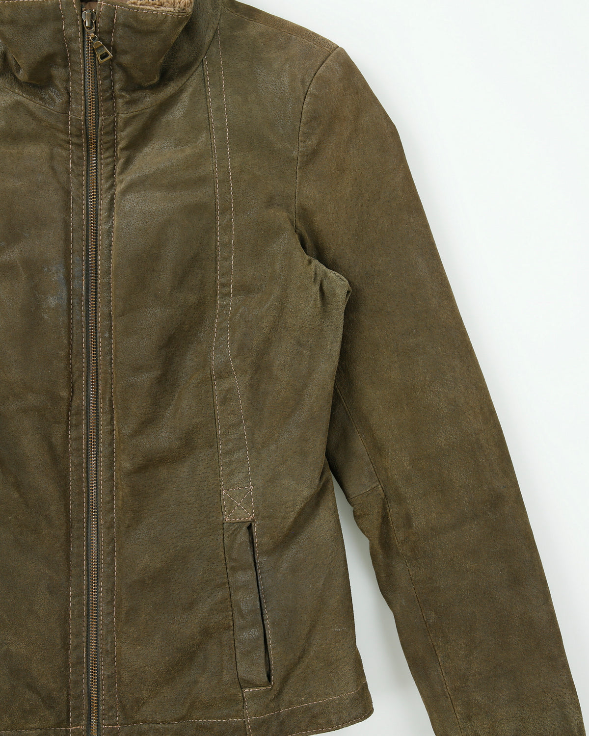 Vintage Y2K 00s Danier Women's Olive Suede Contrast Stitch Quilt Lined Faux Shearling Jacket - S