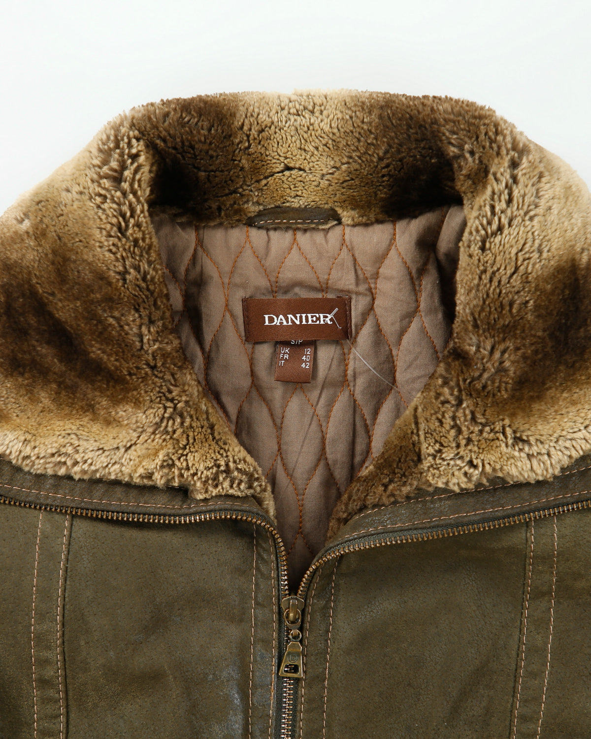 Vintage Y2K 00s Danier Women's Olive Suede Contrast Stitch Quilt Lined Faux Shearling Jacket - S