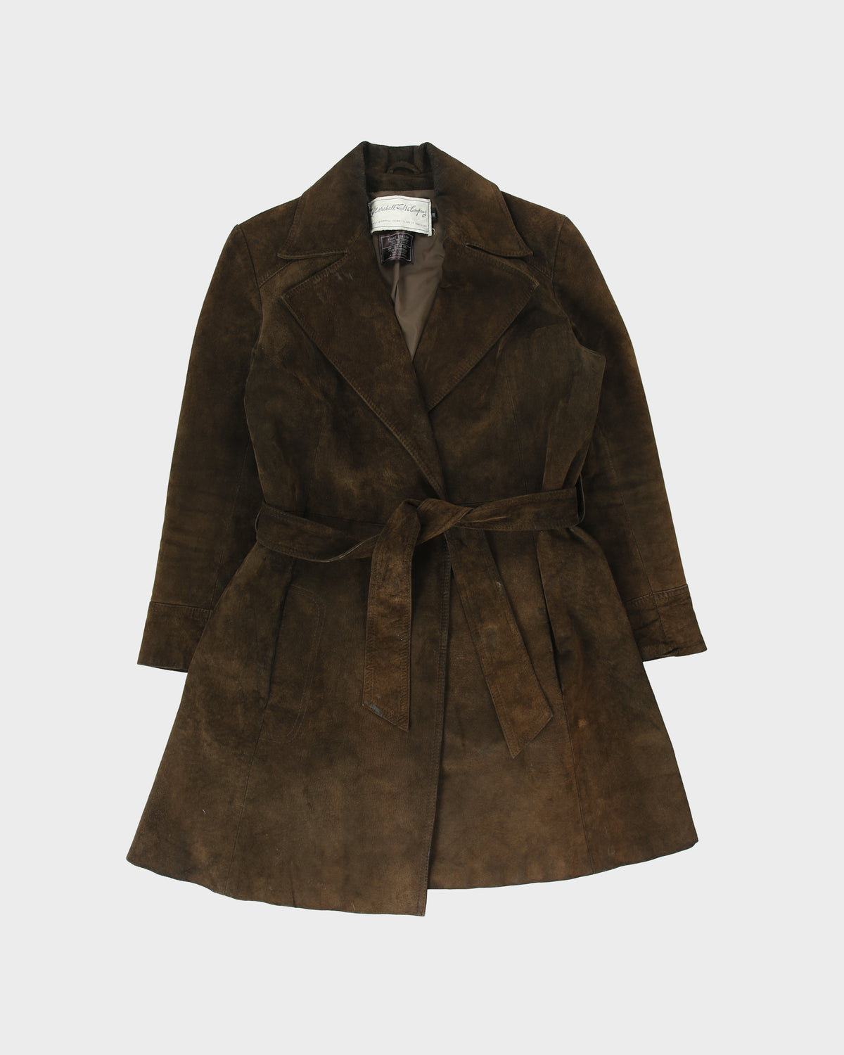 Vintage 1970s Marshall Field &amp; Company Women's Suede Peak Lapel Mid Length Belted Jacket - S