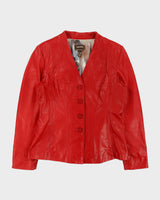 Vintage Y2K 00s Danier Women's Lipstick Red Italian Calfskin Leather Made In Canada V-Neck Button-Up Jacket - L