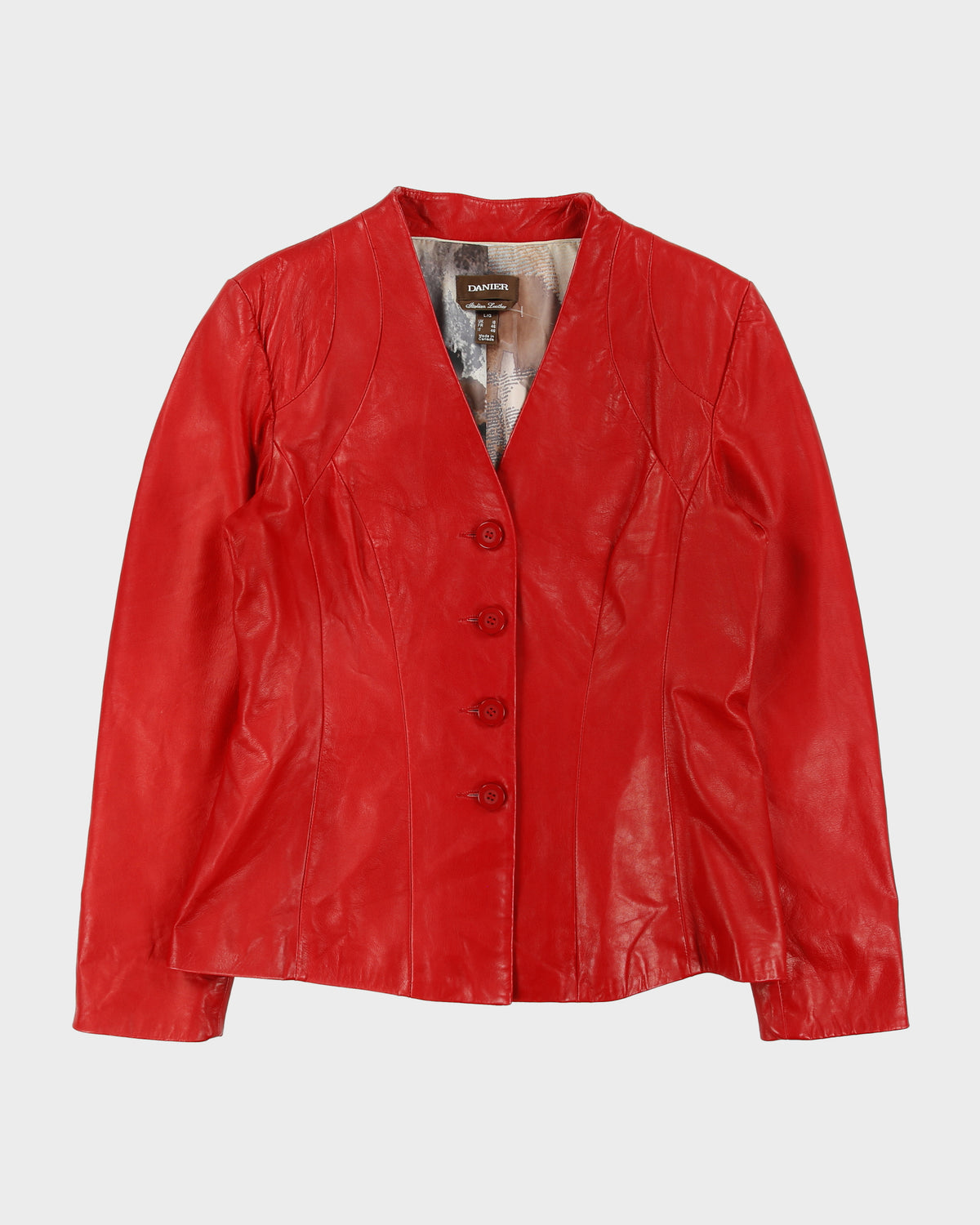 Vintage Y2K 00s Danier Women's Lipstick Red Italian Calfskin Leather Made In Canada V-Neck Button-Up Jacket - L