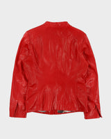 Vintage Y2K 00s Danier Women's Lipstick Red Italian Calfskin Leather Made In Canada V-Neck Button-Up Jacket - L