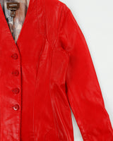 Vintage Y2K 00s Danier Women's Lipstick Red Italian Calfskin Leather Made In Canada V-Neck Button-Up Jacket - L