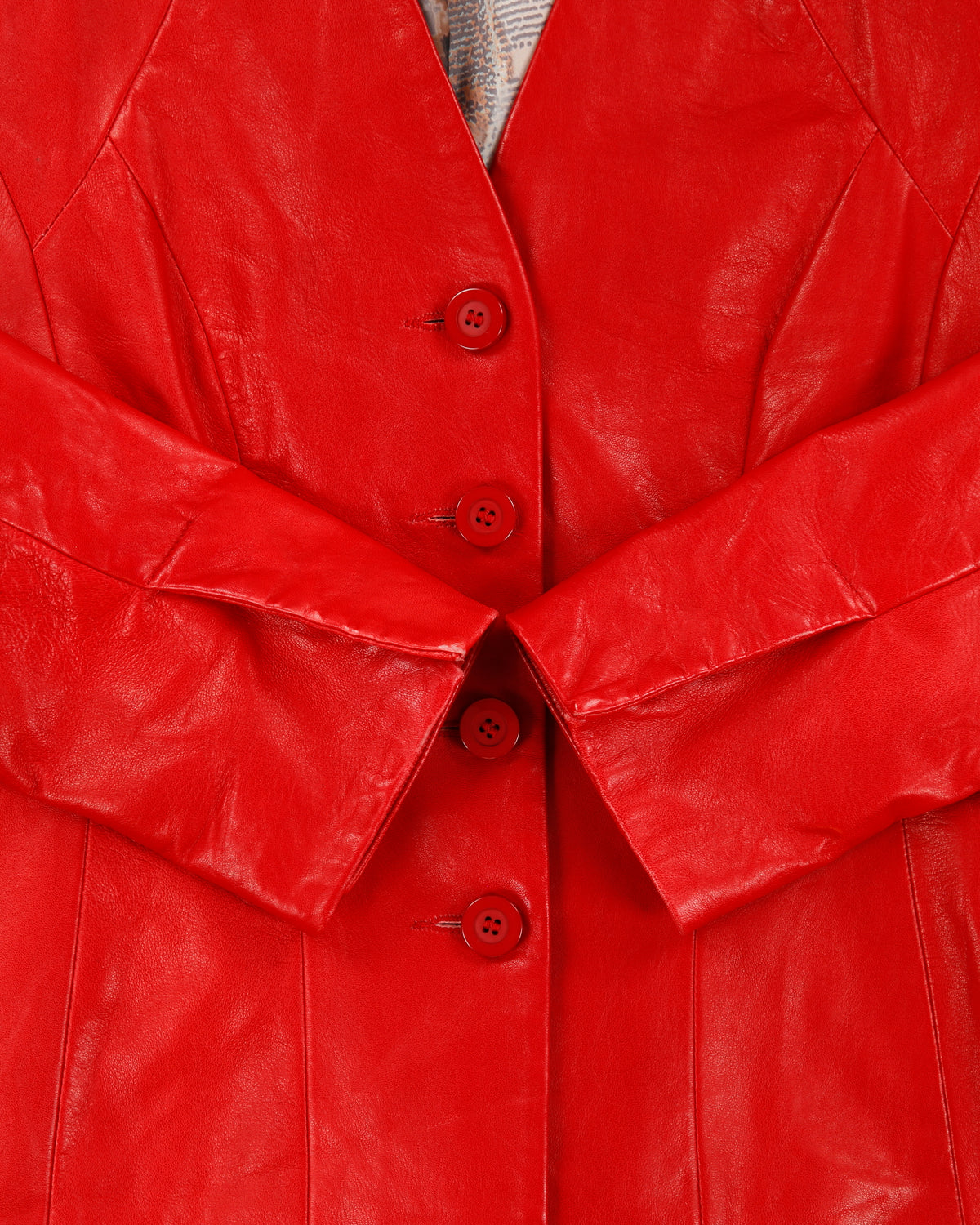 Vintage Y2K 00s Danier Women's Lipstick Red Italian Calfskin Leather Made In Canada V-Neck Button-Up Jacket - L