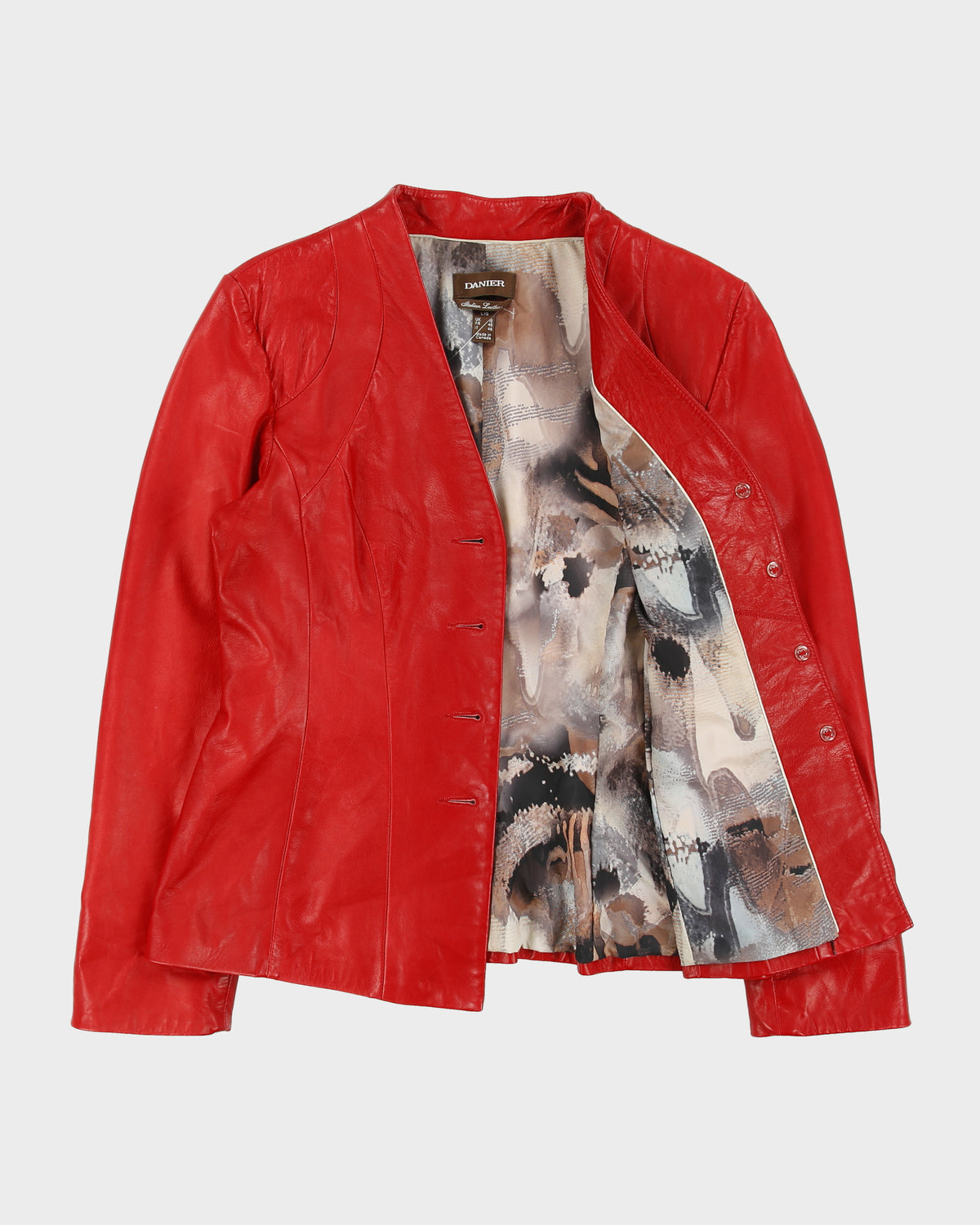 Vintage Y2K 00s Danier Women's Lipstick Red Italian Calfskin Leather Made In Canada V-Neck Button-Up Jacket - L