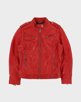 Vintage Y2K 00s El Zein Women's Bugatti Red Sheepskin Leather Cafe Racer Moto Jacket - S