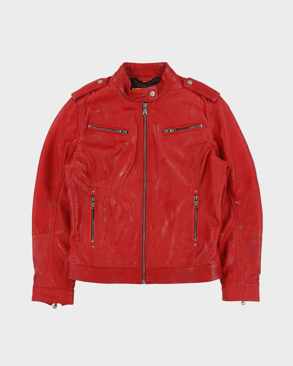 Vintage Y2K 00s El Zein Women's Bugatti Red Sheepskin Leather Cafe Racer Moto Jacket - S