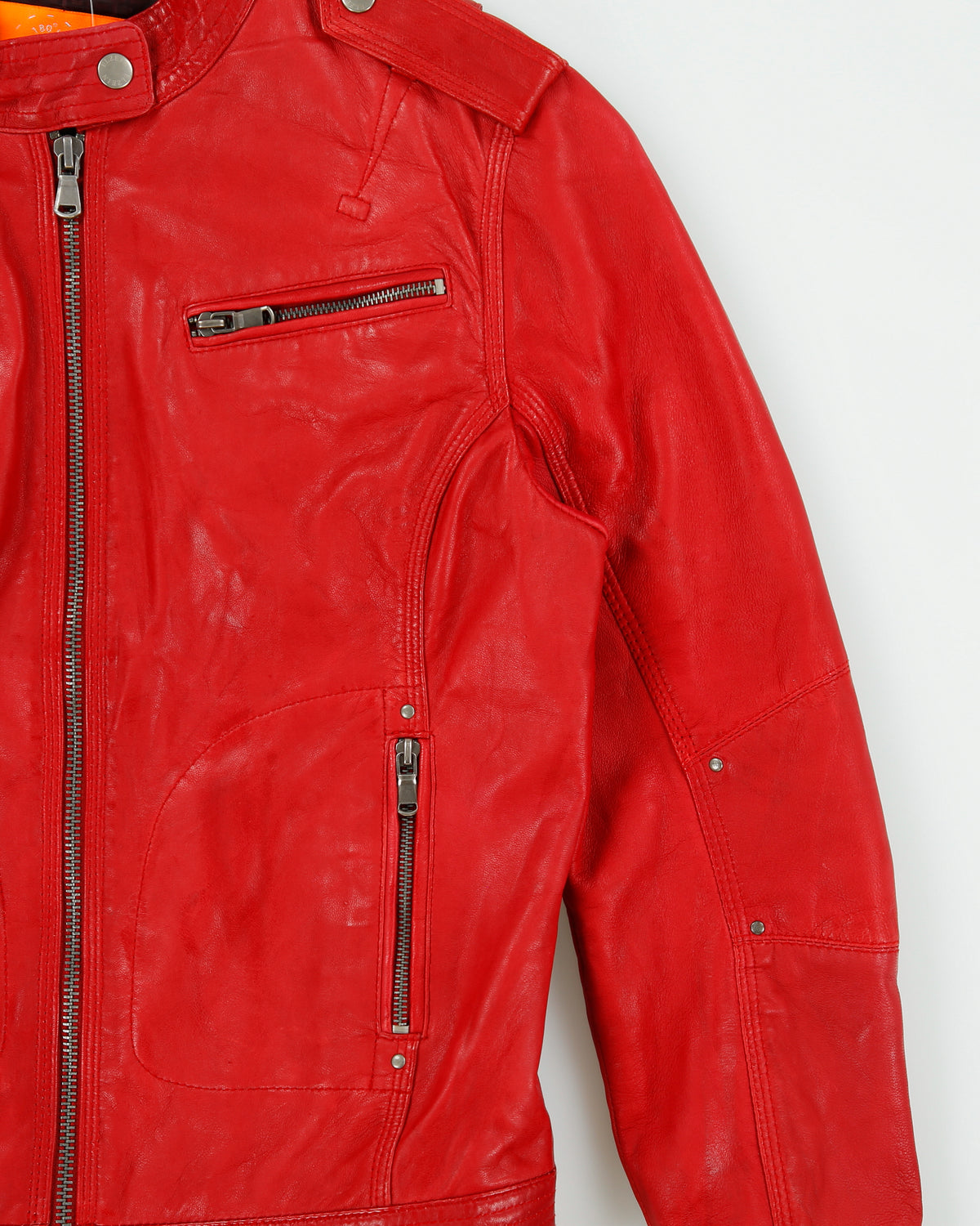 Vintage Y2K 00s El Zein Women's Bugatti Red Sheepskin Leather Cafe Racer Moto Jacket - S