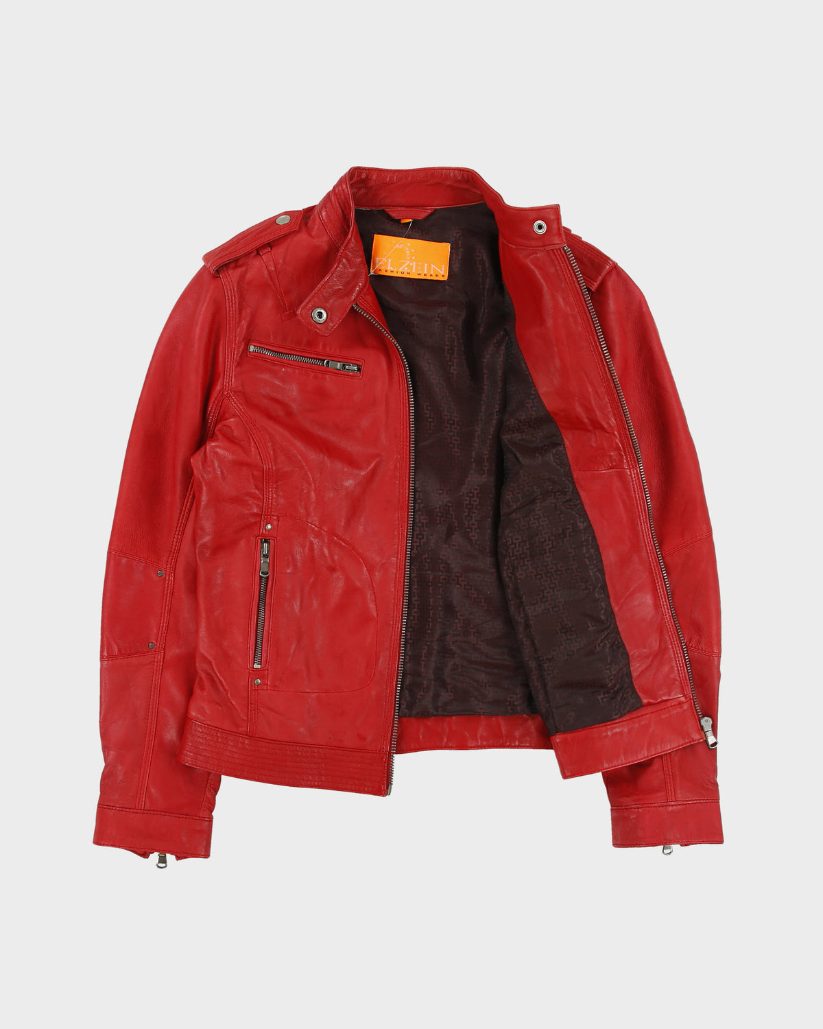 Vintage Y2K 00s El Zein Women's Bugatti Red Sheepskin Leather Cafe Racer Moto Jacket - S