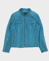 Vintage Y2K 00s Danier Women's Autumn Teal Suede Contrast Stitch Cafe Racer Moto Jacket - L