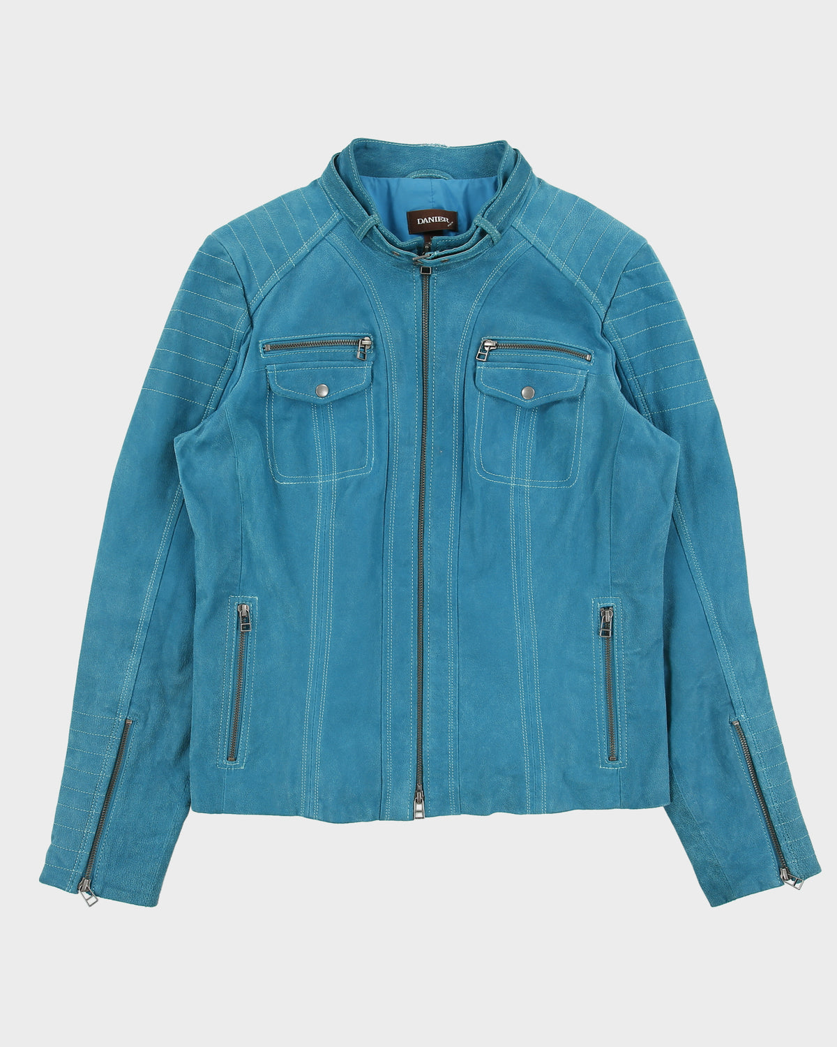 Vintage Y2K 00s Danier Women's Autumn Teal Suede Contrast Stitch Cafe Racer Moto Jacket - L