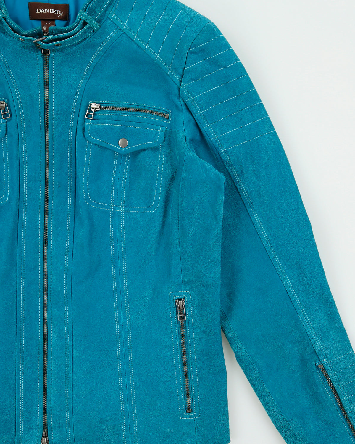 Vintage Y2K 00s Danier Women's Autumn Teal Suede Contrast Stitch Cafe Racer Moto Jacket - L