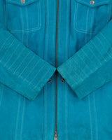 Vintage Y2K 00s Danier Women's Autumn Teal Suede Contrast Stitch Cafe Racer Moto Jacket - L