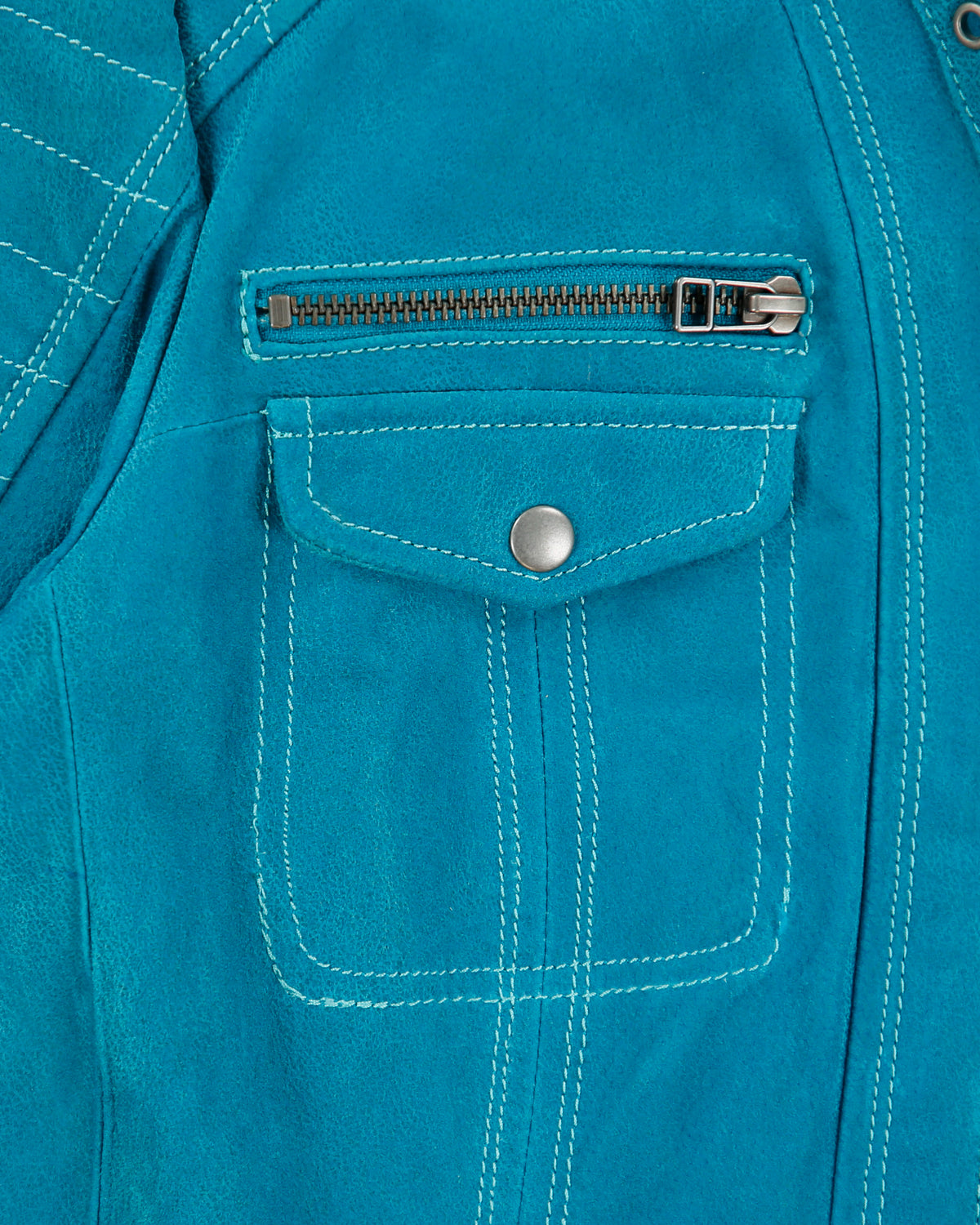 Vintage Y2K 00s Danier Women's Autumn Teal Suede Contrast Stitch Cafe Racer Moto Jacket - L