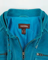 Vintage Y2K 00s Danier Women's Autumn Teal Suede Contrast Stitch Cafe Racer Moto Jacket - L
