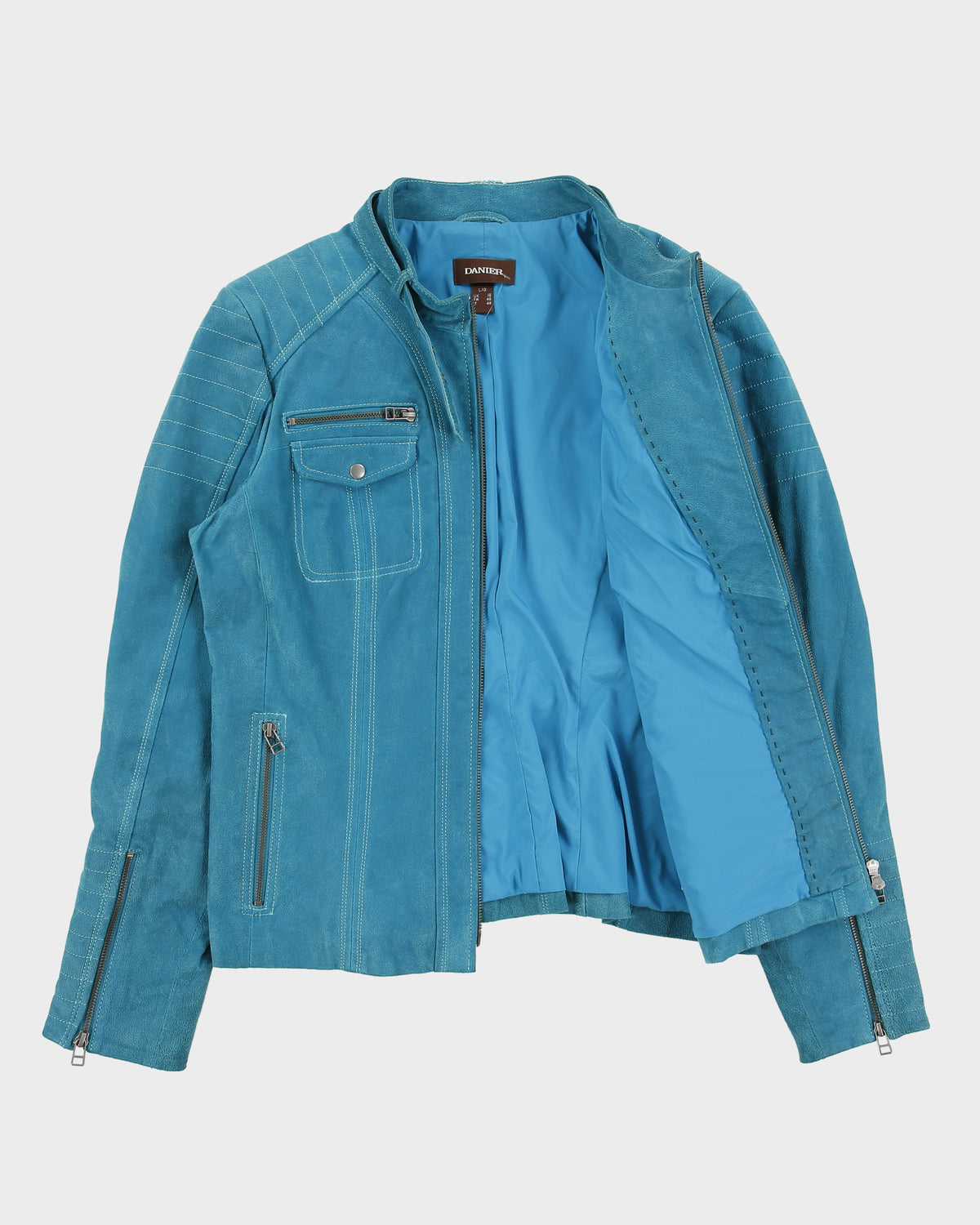 Vintage Y2K 00s Danier Women's Autumn Teal Suede Contrast Stitch Cafe Racer Moto Jacket - L