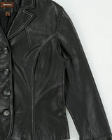 Vintage Y2K 00s Danier Women's Calfskin Leather Contrast Stitch Cropped Blazer Jacket - L