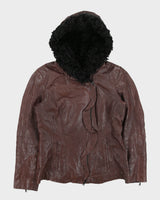 Vintage Y2K 00s Danier Women's Maroon Leather Thinsulate Lined Asymmetrical Faux Fur Hooded Jacket - M