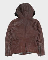 Vintage Y2K 00s Danier Women's Maroon Leather Thinsulate Lined Asymmetrical Faux Fur Hooded Jacket - M