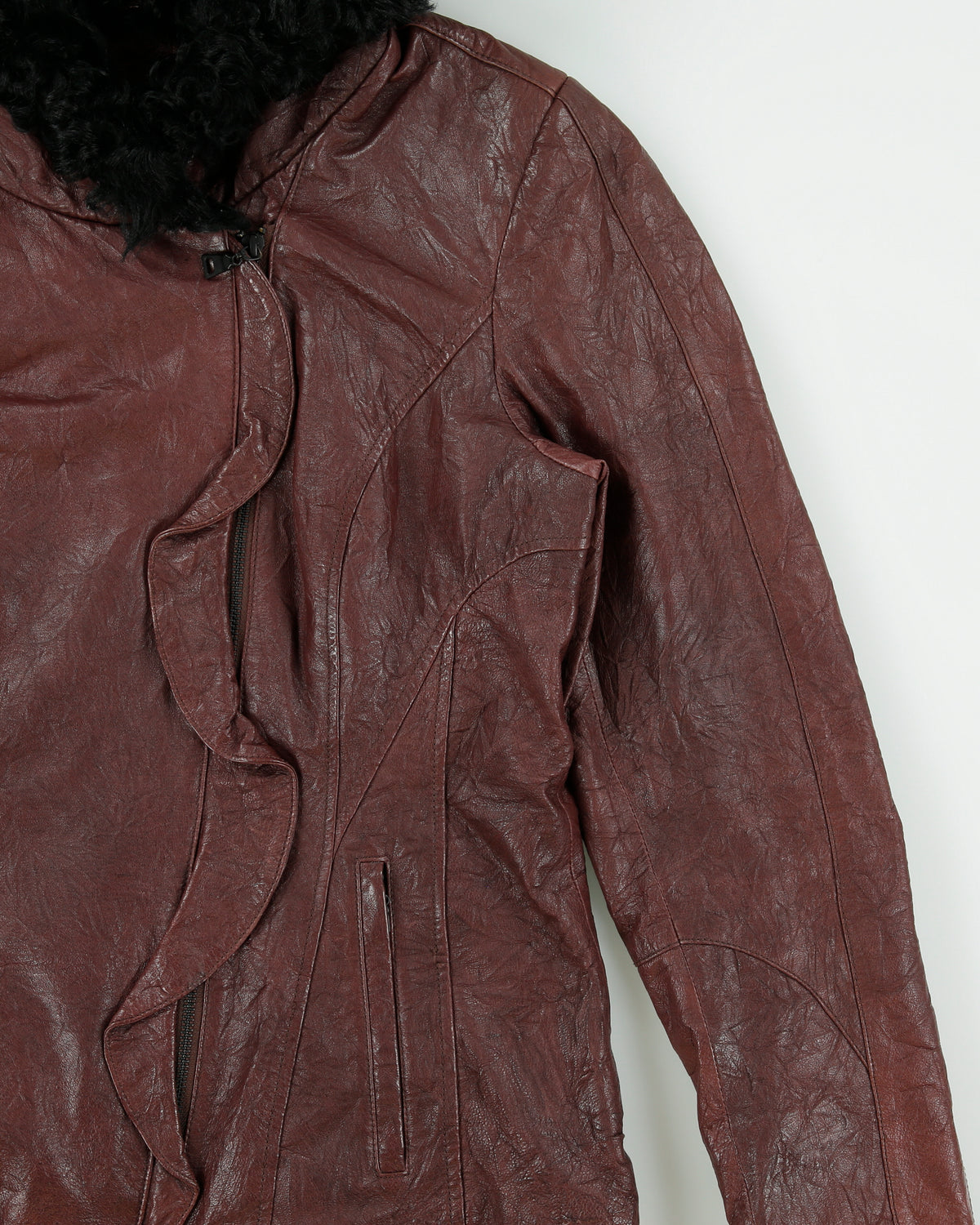 Vintage Y2K 00s Danier Women's Maroon Leather Thinsulate Lined Asymmetrical Faux Fur Hooded Jacket - M