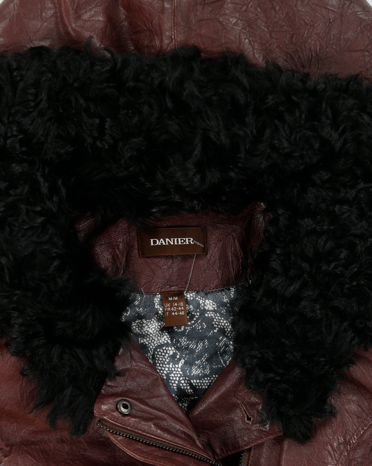 Vintage Y2K 00s Danier Women's Maroon Leather Thinsulate Lined Asymmetrical Faux Fur Hooded Jacket - M