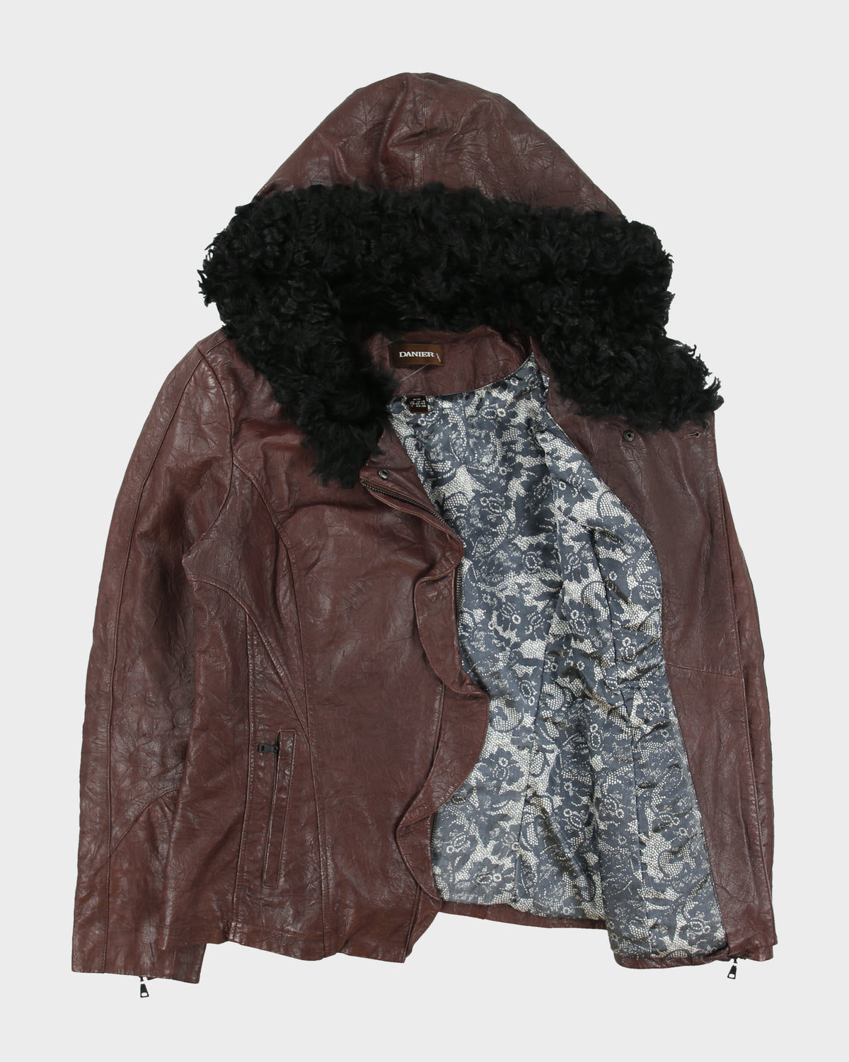 Vintage Y2K 00s Danier Women's Maroon Leather Thinsulate Lined Asymmetrical Faux Fur Hooded Jacket - M