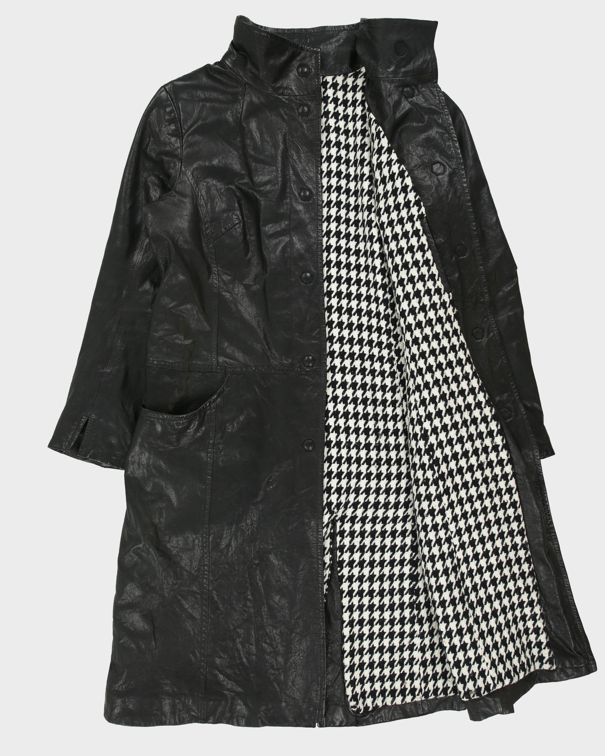 Vintage Y2K 00s Danier Women's Italian Calfskin Houndstooth Thinsulate Lined Leather Funnel Neck Mac - M