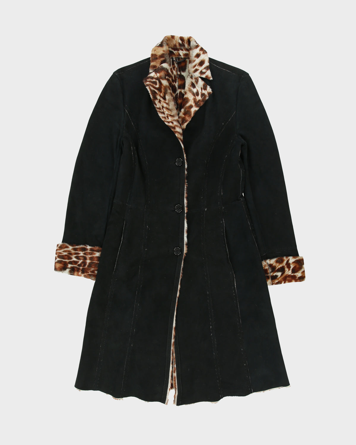 Vintage Y2K 00s Olivieri Women's Made In Italy Faux Ocelot Sheepskin Shearling Mid Length Lapel Coat - S