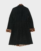 Vintage Y2K 00s Olivieri Women's Made In Italy Faux Ocelot Sheepskin Shearling Mid Length Lapel Coat - S