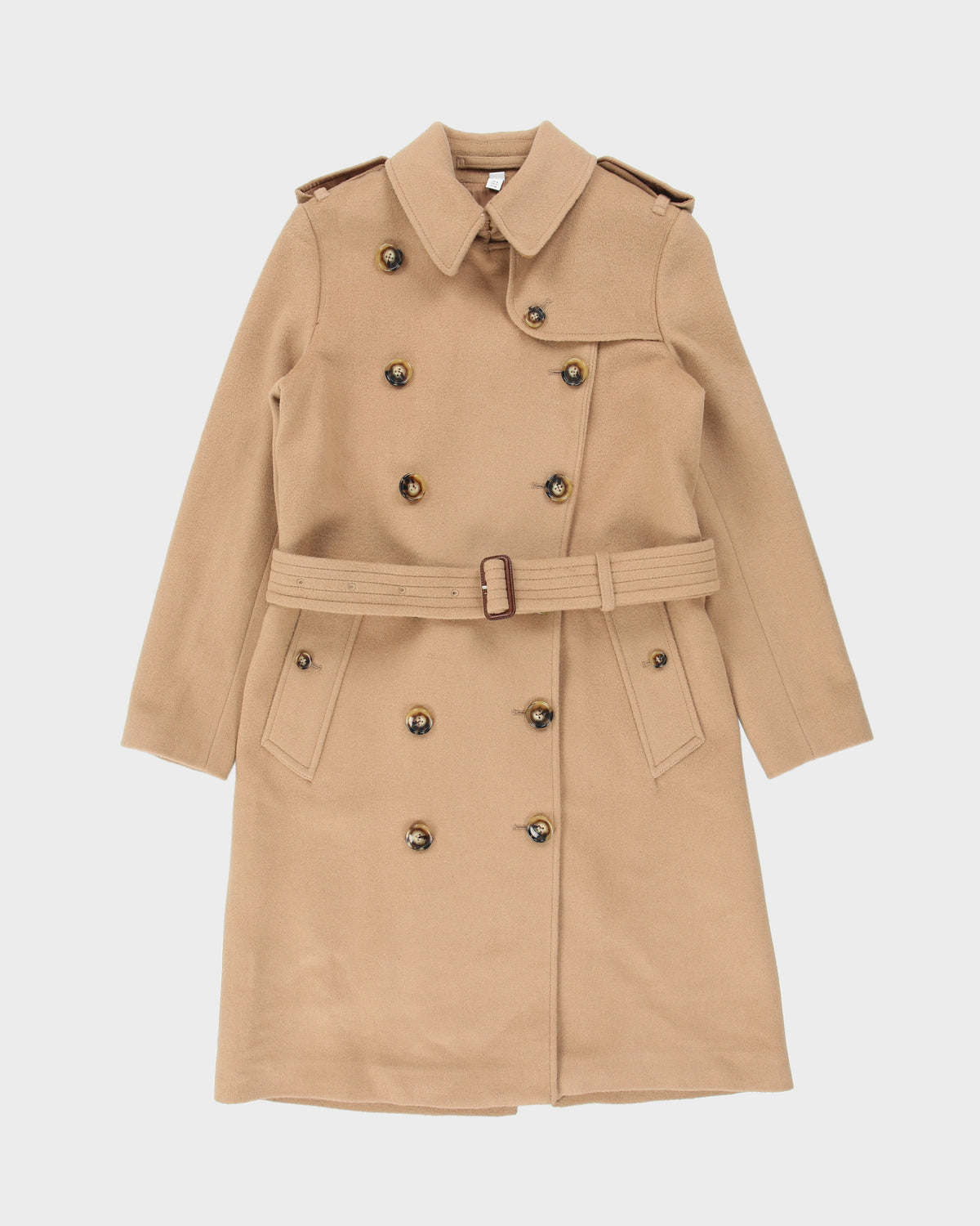 A/W 2024 Burberry Women's Camel Tan Cashmere Kensington Heritage Double Breasted Trench Coat - XS